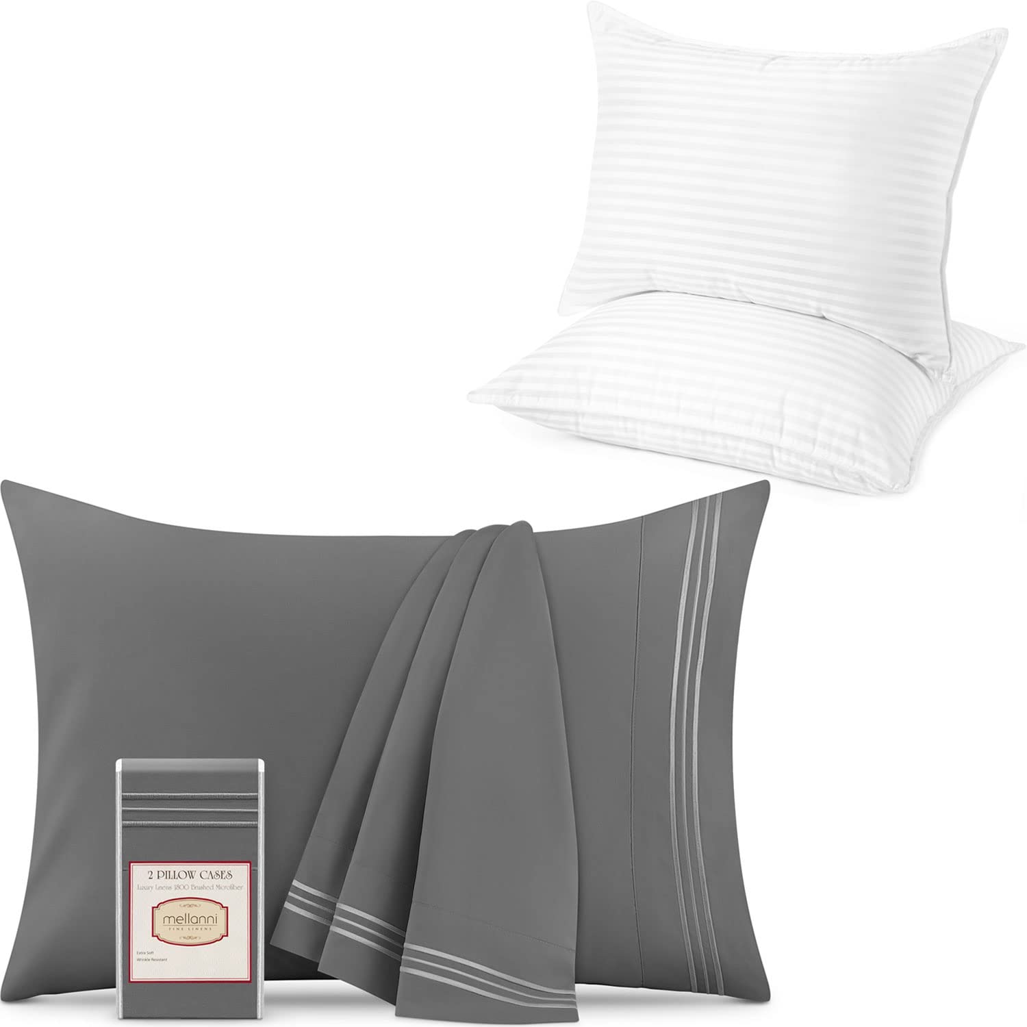 Mellanni 2 Pillow Cases + 2 Pillows Bundle&Save - Bundle Includes: Set of 2 Pillow Cases Standard Size 20" x 30" and Set of 2 Pillows Queen Size 20" x 28" (Standard/Queen, Gray/White)