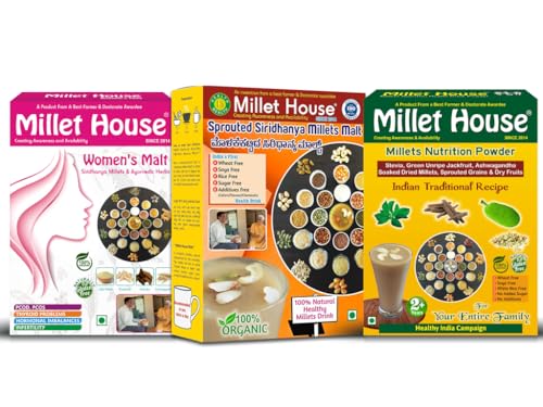 Image of Millet House Family Combo Health Mix with Sprouted Siri Dhanya Millets Malt 500g, Women's Malt 400g, Millet Nutrition Powder 400g (Pack of 3, 1.3 KG)