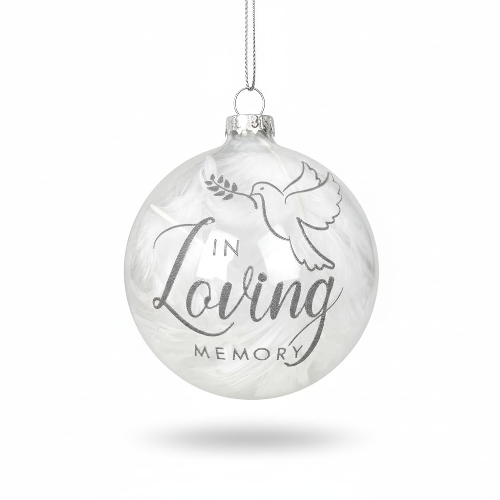 Personalised In Loving Memory Glass Memorial Bauble | White Feather-Filled Christmas Tree Ornament with Dove Motif | Sympathy & Bereavement Gift