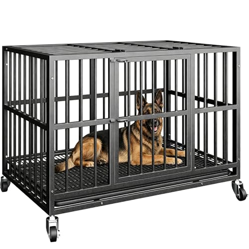 48 Inch Heavy Duty Indestructible Dog Crate for Large Dogs Escape Proof Dog Kennel Indoor with Removable Tray and Lockable Wheels Easy to Clean XL Dog Cage for Large and Medium Dogs