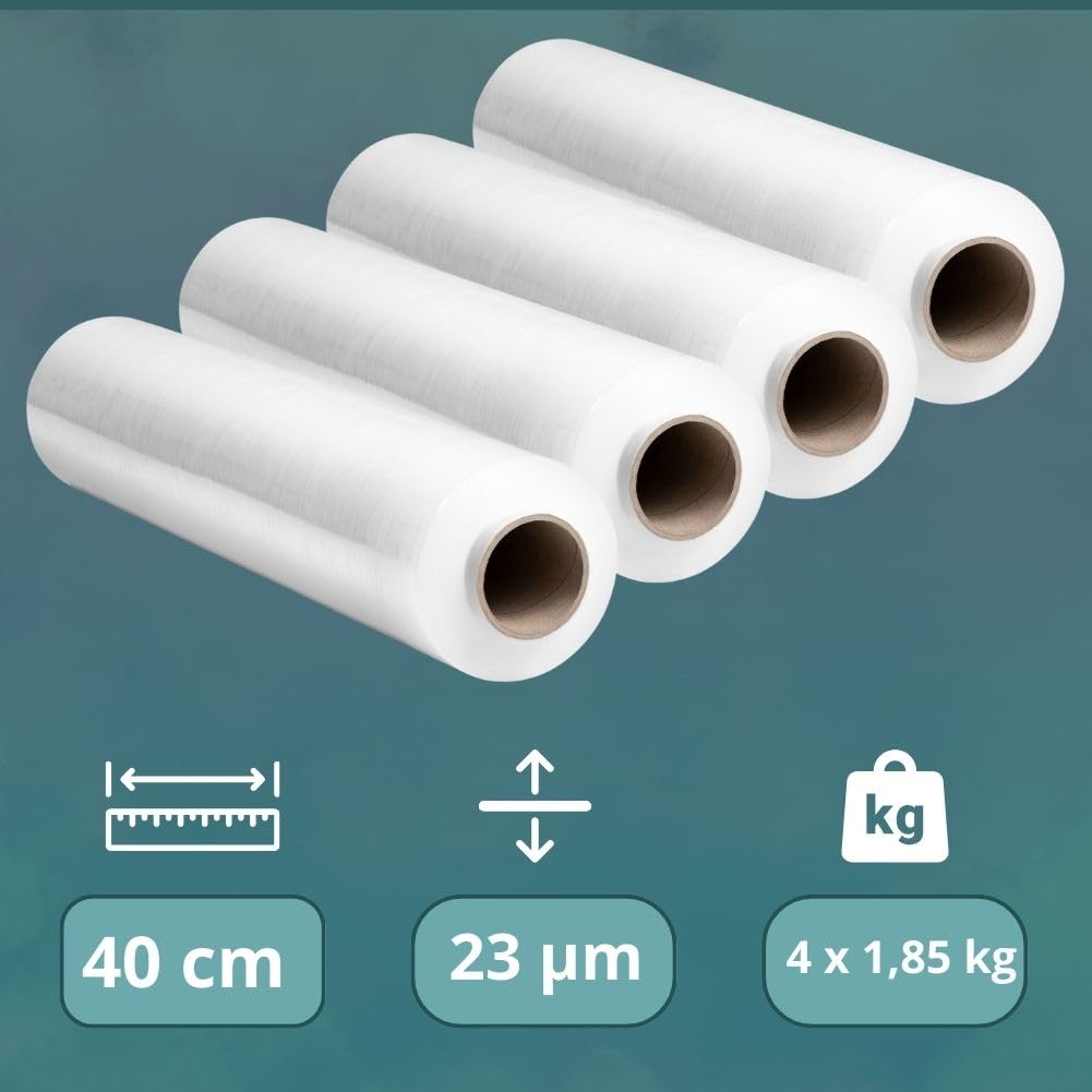 RAGO® Emballage déménagement 300m 4 pièces I Film à palette 9,5 × 9,5 × 40 cm Film déménagement Film emballage transparent I Plastic wrap Film plastique déménagement Rouleau emballage colis