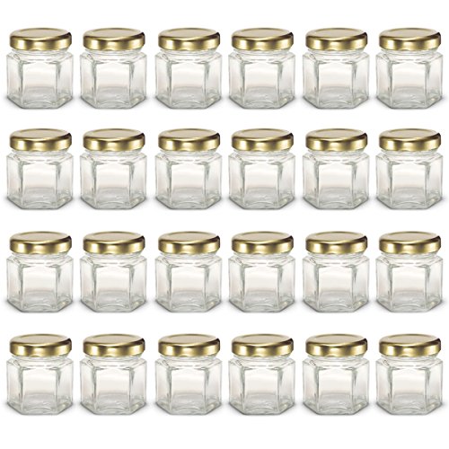 SKEMIX 1.5 oz Hexagon Mini Glass Jars with Gold Lids and Labels (Pack of 24)