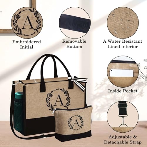 Image of YOOLIFE Personalized Gifts for Women - Initial Jute Tote Bag & Makeup Bag, Birthday Gifts for Women Mom Wife Teacher Friend