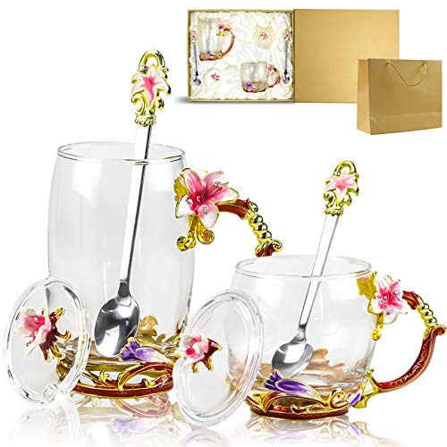 Glass-Tea-Cup-with-LidsFlower-Butterfly-Lead-Free-Handmade-Coffee-Mug-Tea-Cup-with-Flower-SpoonPack-of-2Personalized-Great-for-Women-Wife-Mom-Grandma-present-Girls-Friends-Birthday-Valentines-Day
