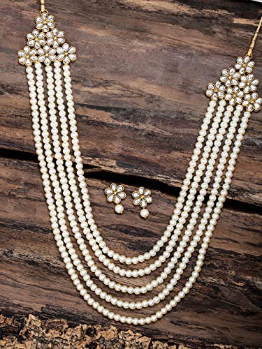 Women's Pearl Layered Long Traditional Kundan Necklace Set