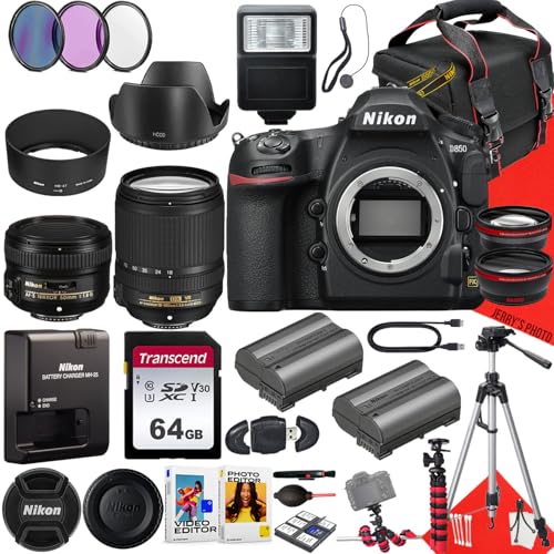 Nikon D850 DSLR Camera with AF-S DX 18-140mm f/3.5-5.6G ED VR Lens and AF-S 50mm f/1.8G Lens + 64 GB Memory + Hood + Extra Battery + Filters + Tripod + More (34pc Bundle) (Renewed)