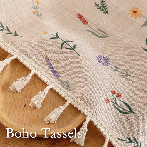 Image of MYSKY HOME Floral Boho Semi Sheer Linen Blend Farmhouse Curtains 84 Inches Long 2 Panels Set Cute Flower Printed Drapes with Tassels Back Tab Rod Pocket for Living Room Bedroom, 50 inch Wide, Dusty Pink