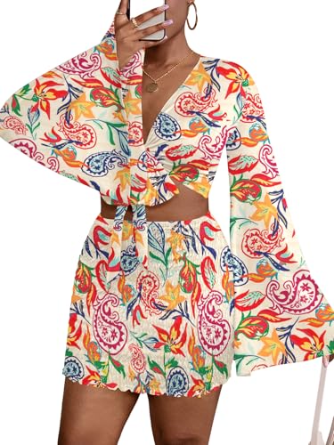 Image of LYANER Women 2 Piece Vacation Outfits Tie Knot Front Bell Long Sleeve Crop Top and Mini Skirt Summer Set