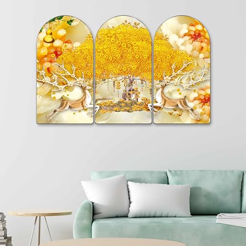 Image of Livin'luxe Golden Money Tree Arch Shape Wall Painting Set of 3 | Sparkle Laminated HD Print on MDF | Vastu Fortune Wealth Tree with Deer Artwork for Living Room Bedroom Home (20 x 30 Inch) RPNS-35356