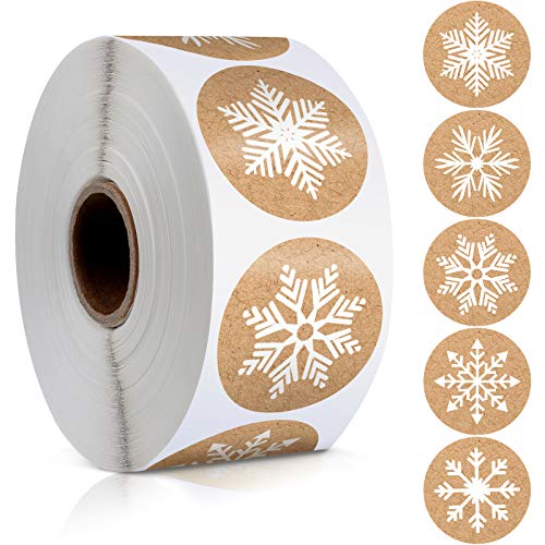 outus 1000 pcs christmas snowflakes stickers roll christmas envelope seal stickers white snowflake kraft label round self adhesive for xmas winter bags envelope journal mailers present decor, 5 styles