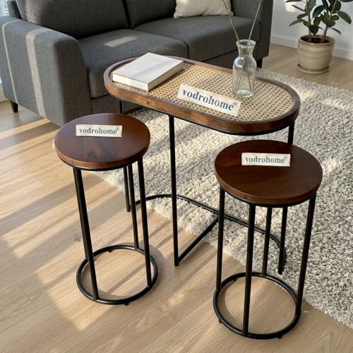Image of Charcoal Rattan Cane Side Table with Glass top - Bohemian Solid Mango Wood Cane Iron Sofa Side end Table - Wood and Cane Nesting Table S#047 (Honey 2)