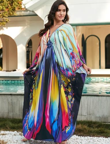Image of KECVOT Kaftan Dresses for Women Plus Size Batwing Sleeve Caftans Long Bathing Suit Cover Up Maxi Beach Dress Loungewear