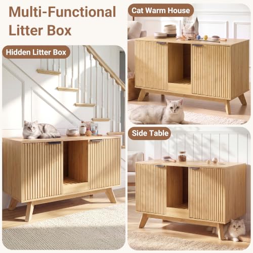 Image of Seang Double Cat Litter Box Enclosure for 2 Cats,Fluted Hidden Litter Box Furniture with Litter Collector & Scratch Pad,47 inch Large Enclosed Cat Cabinet,Cat House,TV Stand,for Living Room,Natural