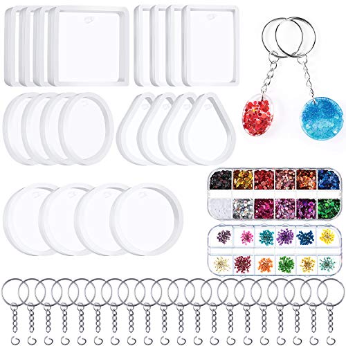 WILLBOND 67 Pieces Resin Keychain Mold Set Jewelry Pendant DIY Epoxy Casting Mold with Keychain Rings Dried Flower and Round Sequins for DIY Craft Making Supplies