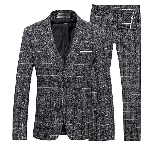 Cloudstyle Men's 3-Piece Dress Suit Plaid 1 Button Slim Fit Single-Breasted Wedding Blazer