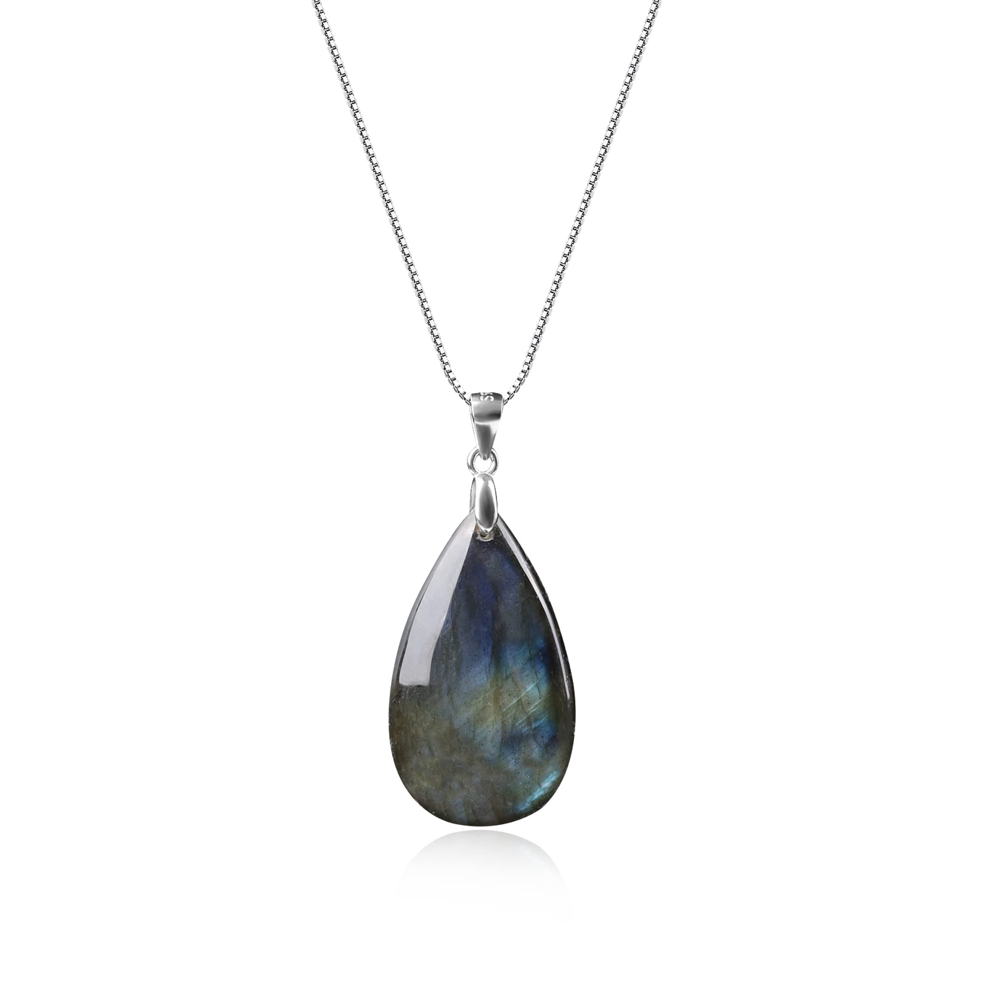 925 Sterling Silver Teardrop Gemstone Necklace for Women, Moonstone/Labradorite/Aquamarine/Apatite Crystal
