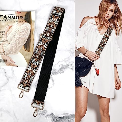 Image of Dsigo Purse Strap, 2 inch Wide Gold Buckle Embroidery Crossbody Shoulder Strap for Bag Handbag Canvas Bag Crossbody Bags