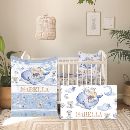 Evulum Personalized Baby Bedding Set for Boys, Custom Name 3 Pcs Nursery Bedding Set - Standard Size Toddler Bedding Sets with Baby Blanket Fitted Sheet Pillowcase Blue Whale