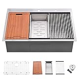 33-Inch Kitchen Sink Workstation Drop in - VOKIM 33 x22Inch Single Bowl Kitchen Topmount Sink 16 Gauge Stainless Steel 10'' Deep Handmade Kitchen Sink with Cutting Board& Strainer