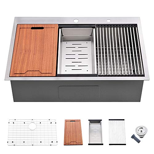 33 Kitchen Sink Drop in - VOKIM 33 Inch Topmount Kitchen Sink Stainless Steel 16 Gauge R10 Tight Radius Single Bowl Sink Overmount Ledge Workstation Sink â€¦ â€¦