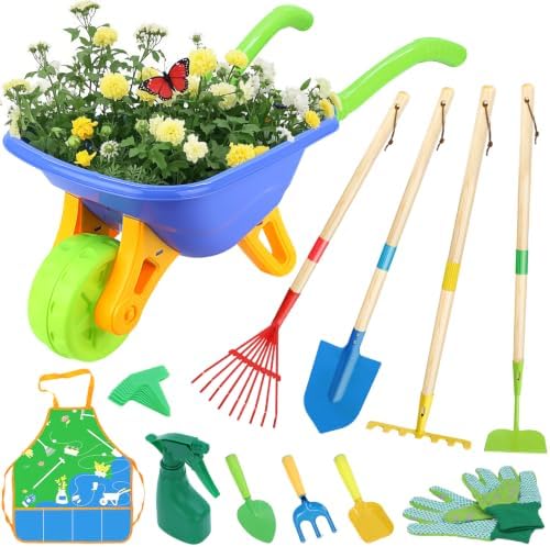 Kids Garden Wheelbarrow Tools Set, Real Metal Wood Outdoor Toddlers Gifts