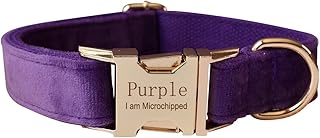 Velvet Dog Collar Personalized with Name Phone Number Engraved, Custom Pet Collars with Metal Buckle(Purple, M)