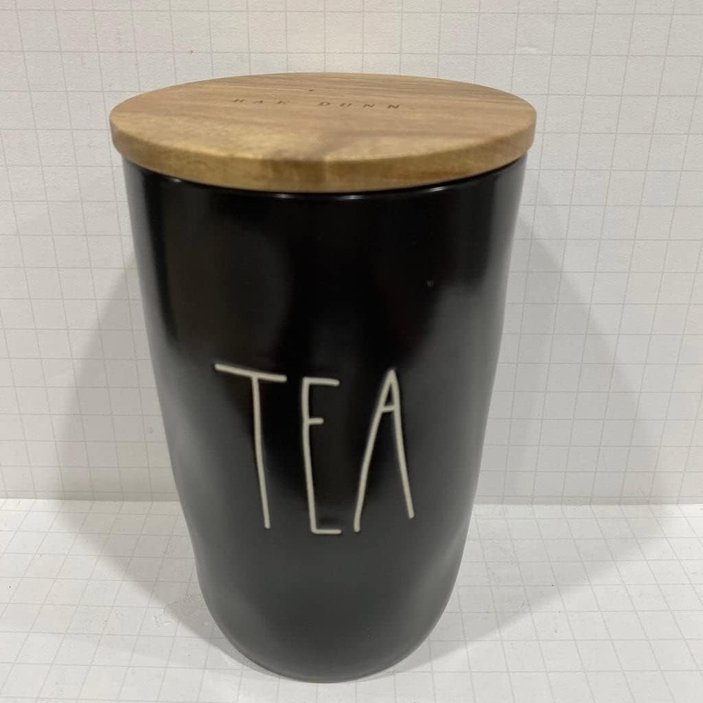 Rae Dunn TEA Cellar - BLACK - with WOOD lid - Dishwasher safe