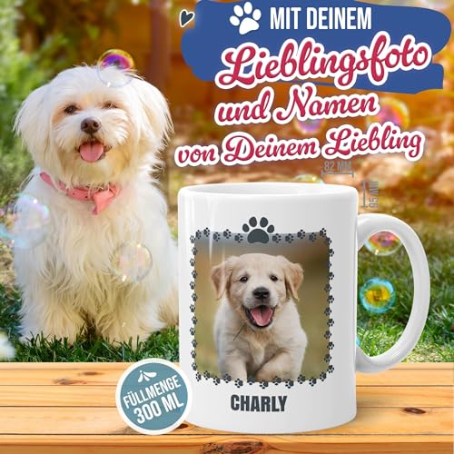 PfotenSchild Hunde-Tasse mit Foto und 2 Namen Zertifikat - Bester Hundepapa - Geschenk für Hundebesitzer zum Geburtstag | Personalisiertes Geschenk, 300 ml