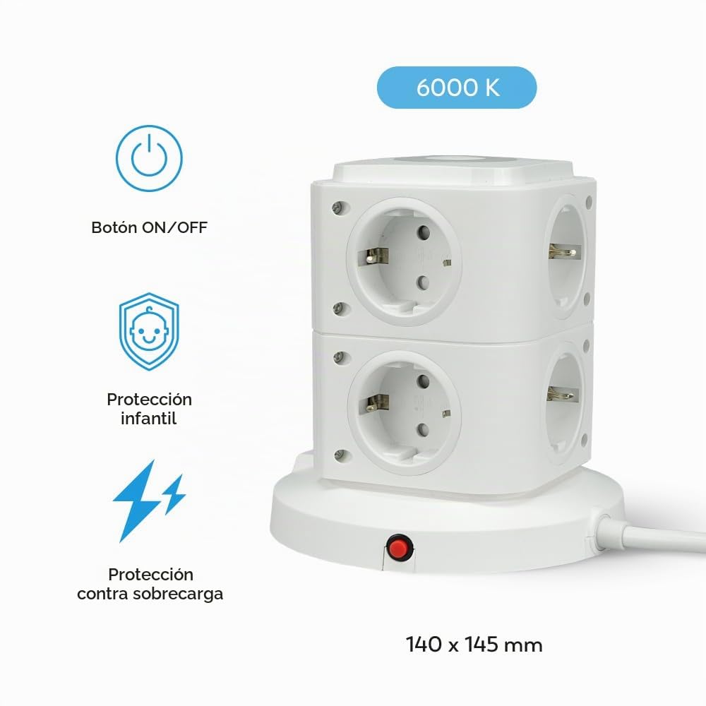 Garza - Regleta Torre 11 en 1 con 8 Enchufes Schuko, 2 USB-C y 1 USB-A, Carga Rápida, Luz Nocturna Regulable, Interruptores Individuales y Protección contra Sobrecargas y Cortocircuitos, Blanco