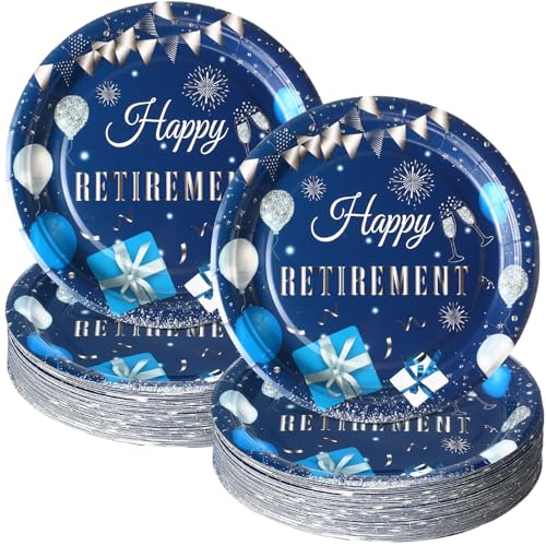 Potchen 100 Pcs 7 Inch Happy Retirement Paper Plates, Blue Silver