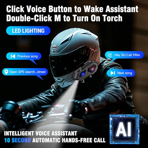 Image of EDYELL Motorcycle Bluetooth Headset,C8 Motorcycle Helmet Speakers with 2 Type Mics,Connects Two Mobile Phones,LED Emergency Lights,HiFi Stereo Calls,IPX6 Waterproof,Compatible with All Helmets