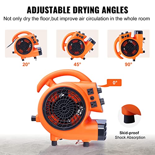 Image of VEVOR Air Mover, 1 /4 HP 1000 CFM Carpet Dryer for Cooling and Ventilating | Portable Floor Blower Fan, 4 Blowing Angles and Time Function, Adjustable Blow Angle for Janitorial, Home, Commercial Use