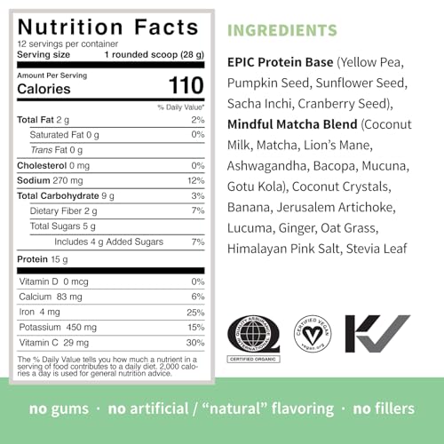 Image of Sprout Living Epic Protein, Plant Based Protein & Superfoods Powder, Mindful Matcha | 17 Grams Organic Protein Powder, Vegan, Non-GMO, Gluten Free, Adaptogens + Nootropics (1 Pound, 12 Servings)