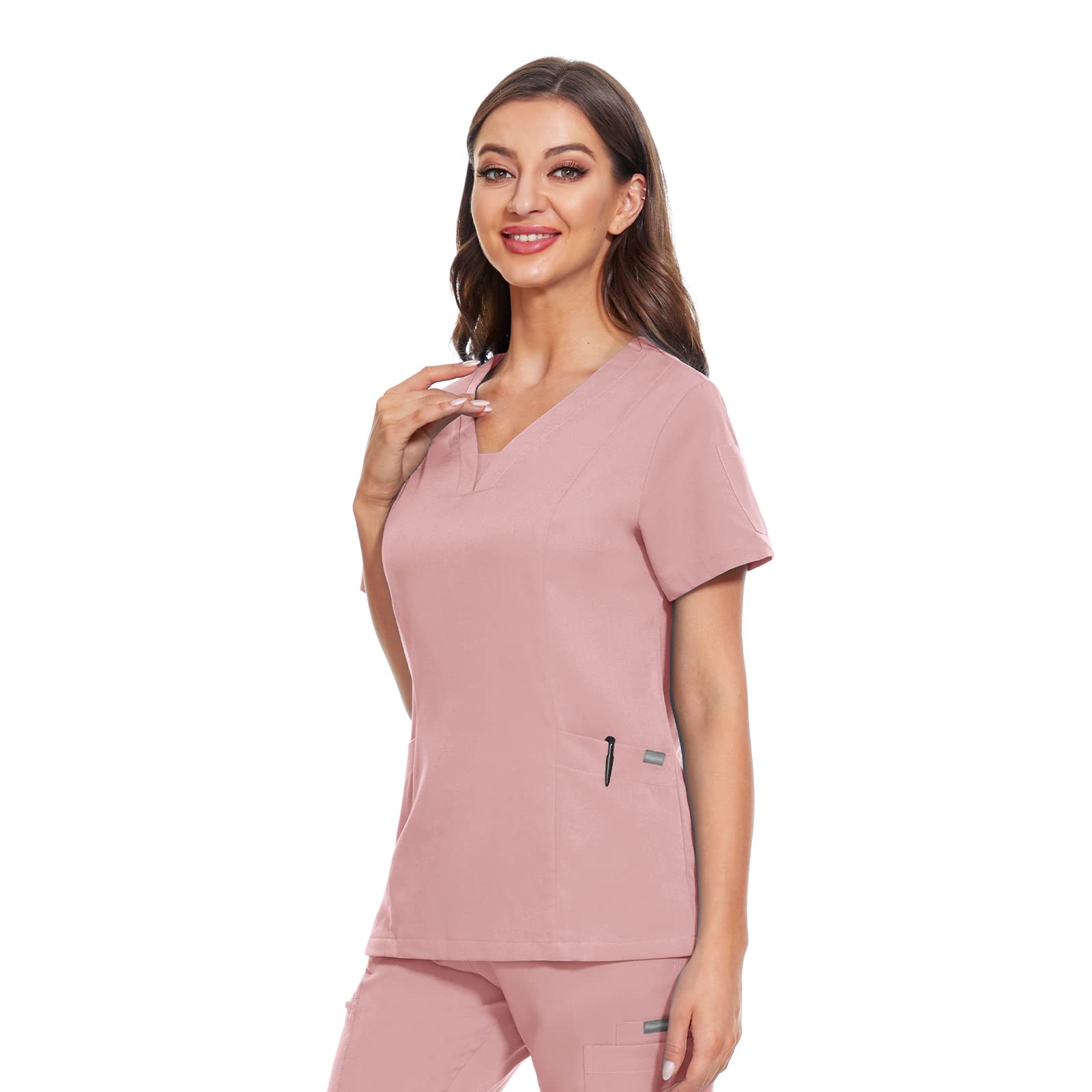 VIAOLI Scrub Tops Women Soild Stretchy Nurse Uniform Professionals Medical V-Neck Workwear Short Sleeve Shirt