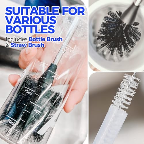 Image of Holikme 5-Piece Bottle Brush Cleaner Set - 14 inch Stainless Steel Handle, 3 Straw Brushes, Cleans Water Bottles, Cups, Baby Bottles, Black & Grey