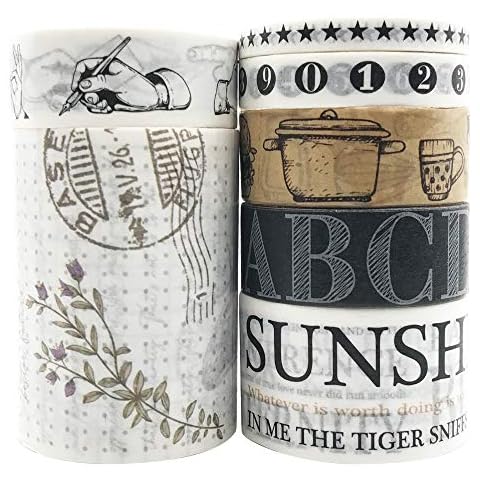 EnYan 7 Rolls Washi Masking Tapes Set, Japanese Decorative Writable Vintage Tape for DIY Crafts Arts Scrapbooking Bullet Journal Planners Cover