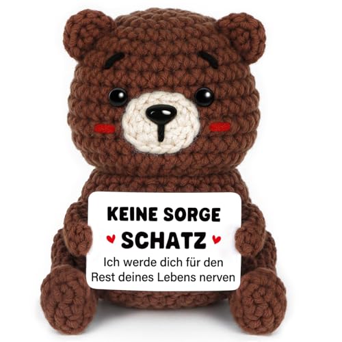 CheriGift Partner Geschenke, Positive Handgehäkelter Bär Figuren, Ich Liebe Dich Geschenke Jahrestag Weihnachten, Hochzeitstaggeschenke für Männer Frauen