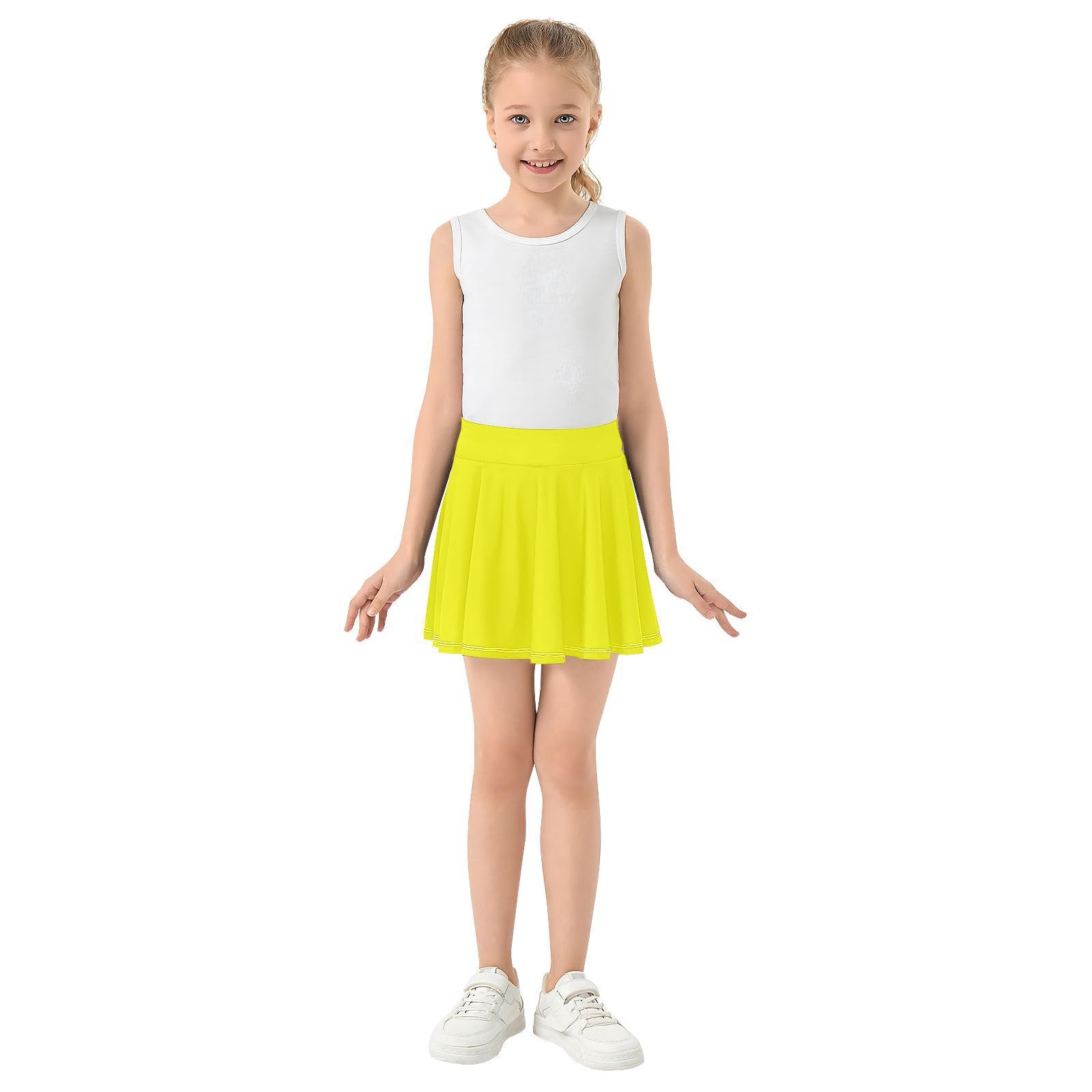 Faldas de tenis lisas amarillas para niñas con pantalones cortos integrados para niñas pequeñas