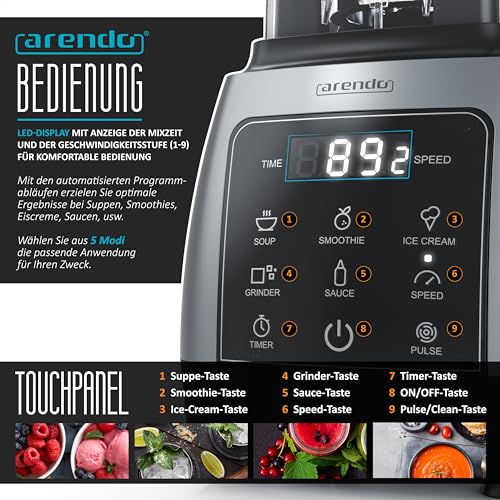 Arendo - Standmixer 2000 Watt mit Touchpanel - Hochleitungsmixer - 2L - 9 Geschwindigkeitsstufen – max. 24.000 U/min - Pulsfunktion – Timer – 5 Programme – Mixer mit Display – 6 Messer aus Edelstahl – Bild 4
