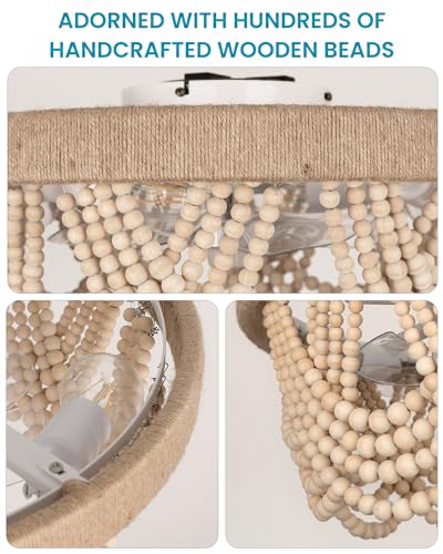 Frstem 20" Boho Ceiling Fan with Light & Remote, Flush Mount Wood Beaded Fandelier Chandelier, 6-Speed/3 CCT/Bladeless/Quiet DC Motor/Low Profile, for Bedroom Living Room Hallway Patio Kitchen - Image 6