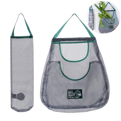 2 Pack Reusable Produce Bags (Long + Dual Pocket) Sturdy & Strong Hanging Mesh Storage Bags for Kitchen Storage Fruits, Onion, Garlic & Vegetables, Breathable Shopping Handbag Storage Grocery Bags