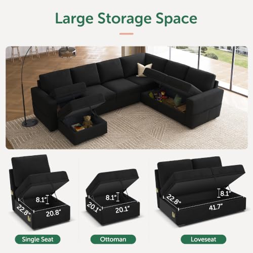 Image of HONBAY Sectional Sleeper Couch with Pull Out Bed, U Shaped Sectional Sofa with Storage, Modular Velvet Sectional Couches for Living Room, Black