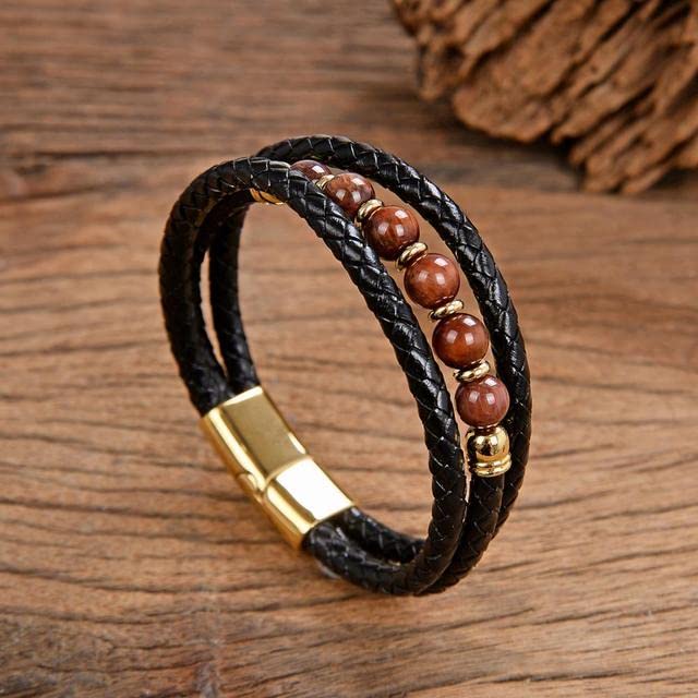 SUBOTE Natural Stone Men Bracelet Genuine Leather Bracelets Stainless Steel Magnet Clasp 14 Style Round Beaded Jewelry