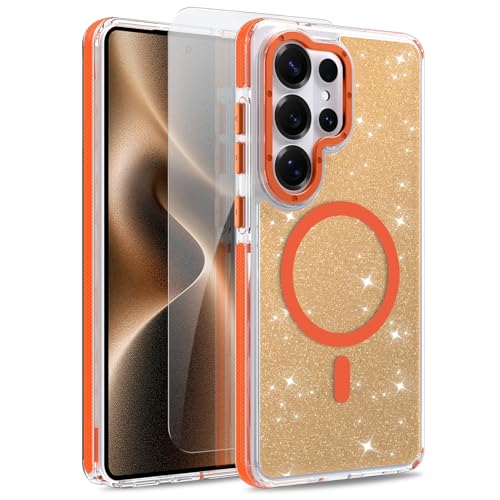 Image of Magnetic Case for Samsung Galaxy S26 Ultra [Compatible with Magsafe] [Bling Glitter Fluorescent Design] [1 Screen Protector] Slim Translucent Matte Case for Galaxy S26 Ultra 6.9 inch, Orange