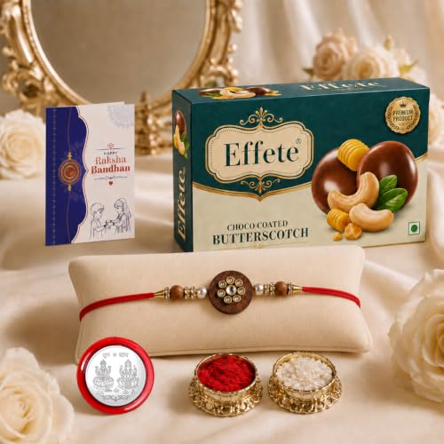 Image of DeoDap Rakhi with Chocolate for Brother - Round Shape Colorful Beads Rakhi with Butter Scotch Chocolate 32 Gm, Tilak Set, Silver Color Pooja Coin, Greeting Card - Traditional Raksha Bandhan Combo Set