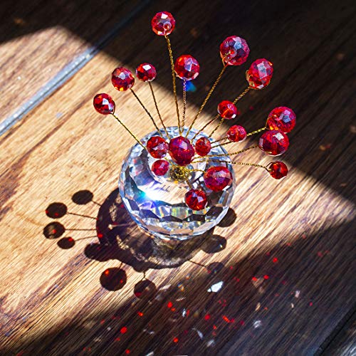 H&D Crystal Money Tree Statue Round Rondelle Beads Souvenir Collection Desktop Paperweight Car Decoration (Red)
