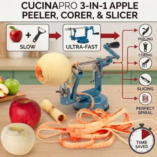 Image of Apple Peeler and Corer by Cucina Pro - Long Lasting Chrome Cast Iron with Countertop Suction Cup, Teal | Countertop Hand Crank for Fruits, Potatoes or Veggies, Picking Season- Pie, Treat Dessert Baking, Must Have Fall Kitchen Tool
