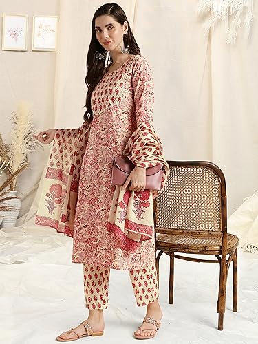 Image of MIRCHI FASHION Women's Straight Fit Pure Cotton Printed Kurta Set with Dupatta and Trouser
