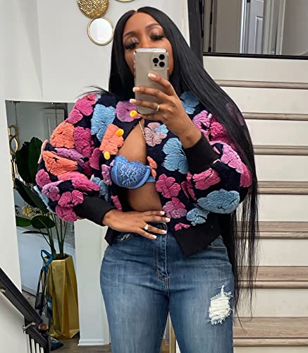 Angsuttc Women's Cropped Floral Bomber Jacket Puff Sleeves Lightweight Fleece Shacket Button Down Varsity Coat Outwear2