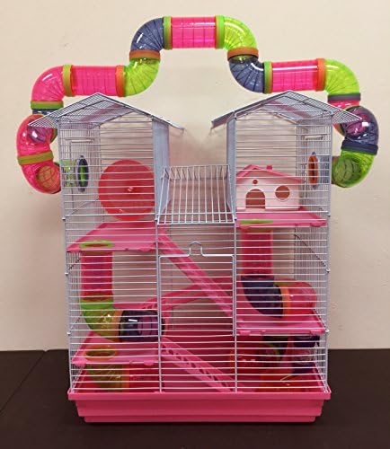 5-Level Large Cross Twin Tower Tube Tunnel Habitat Hamster Rodent Gerbil Mouse Mice Rat Cage (Pink)